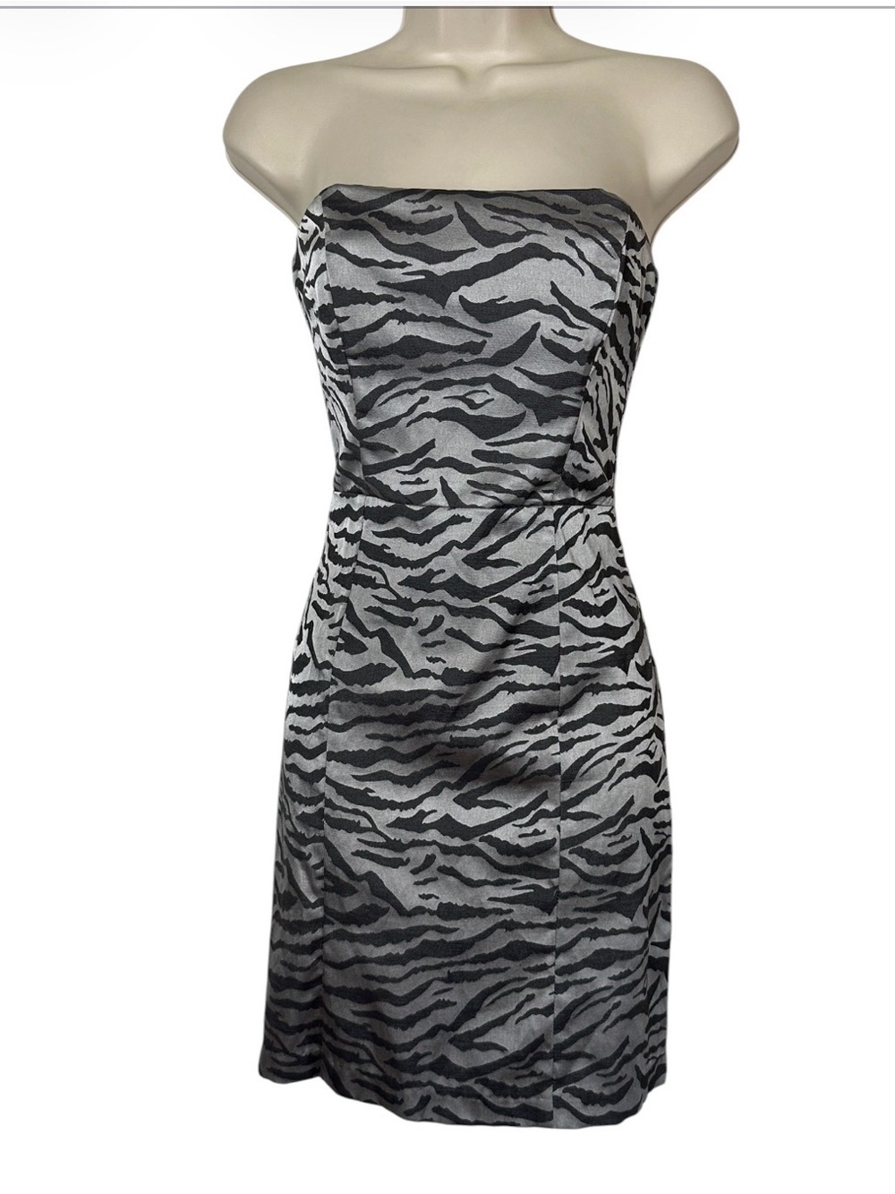 B Darlin Strapless Zebra-Print Cocktail Dress in Black and Gray